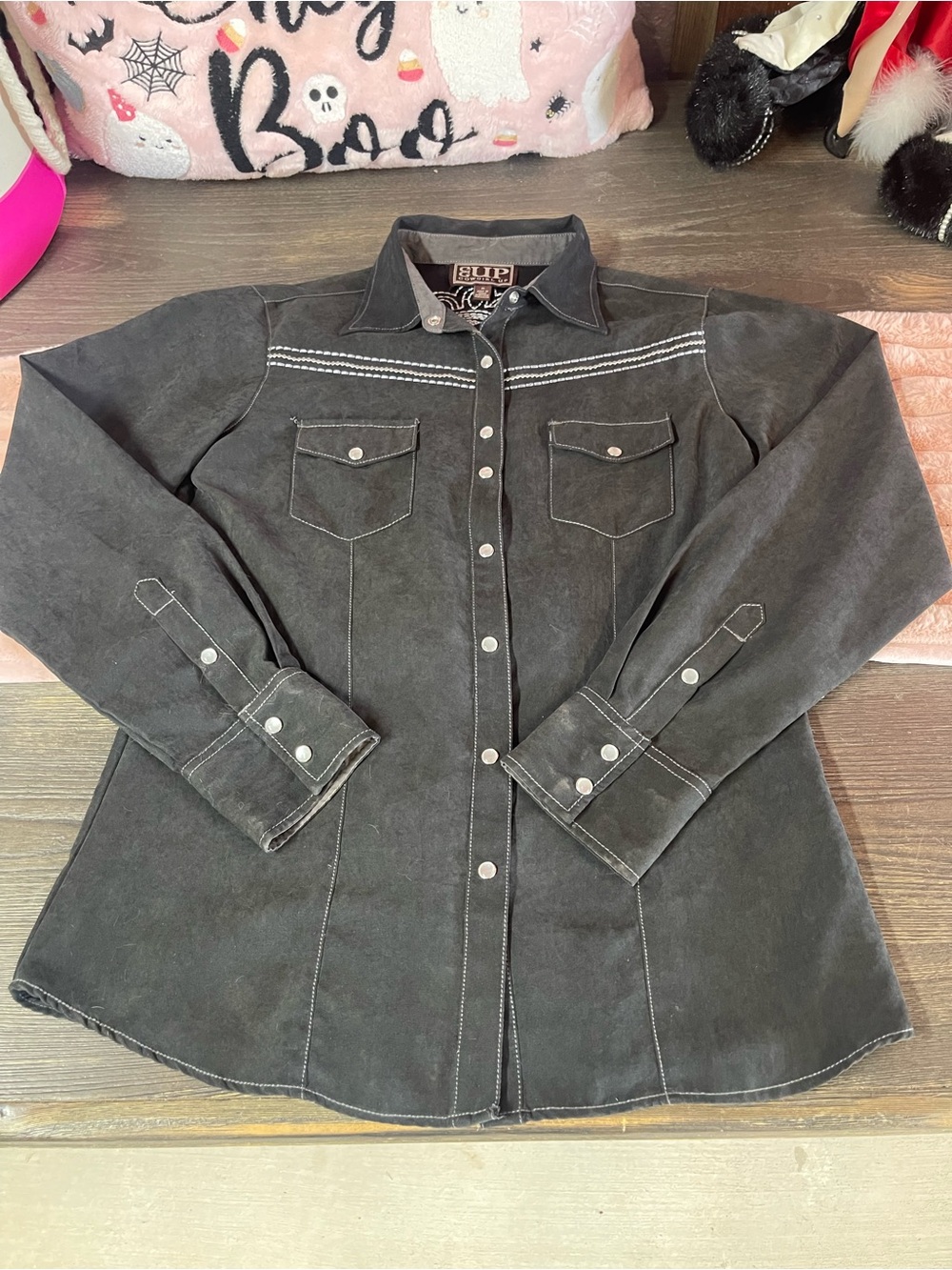 Suede-Look Black Snap-Front Button Shirt